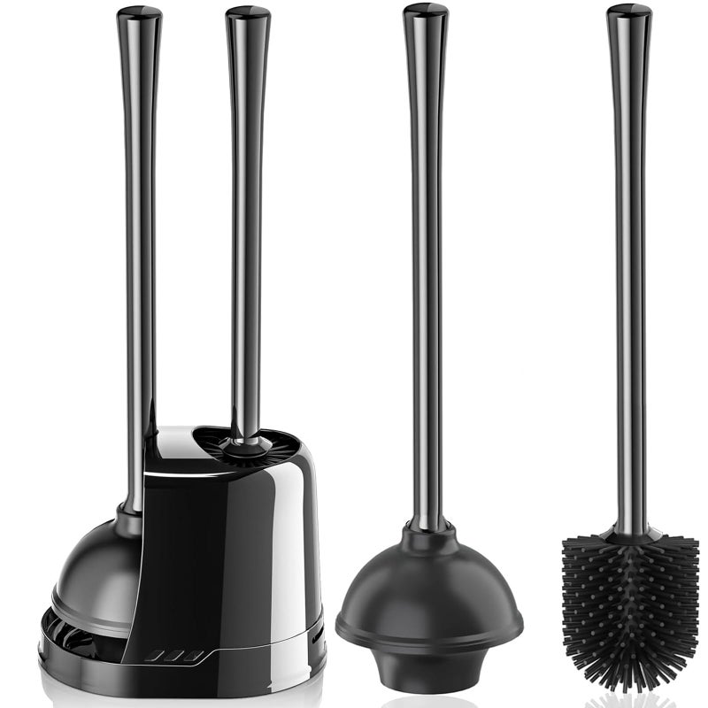 LOVLOY Toilet Plunger and Brush  Silicone Bowl Brush and Heavy Duty Toilet Plunger Set with Ventilated Holder  2-in-1 Toilet Brush and Plunger Combo for Bathroom Cleaning (Black  1 Set) - Image 1